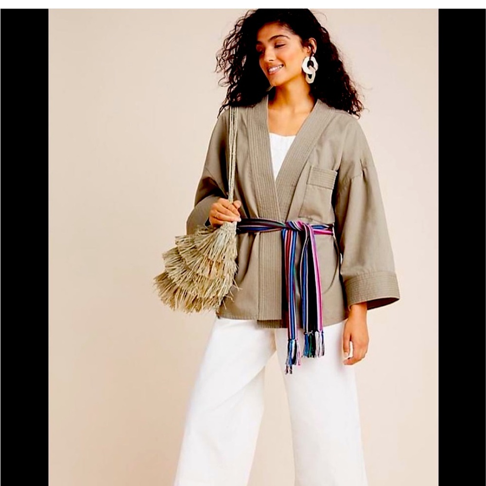 Anthropologie Aryessa M Khaki Wrap Kimono Jacket With Multicolor Scarf Belt